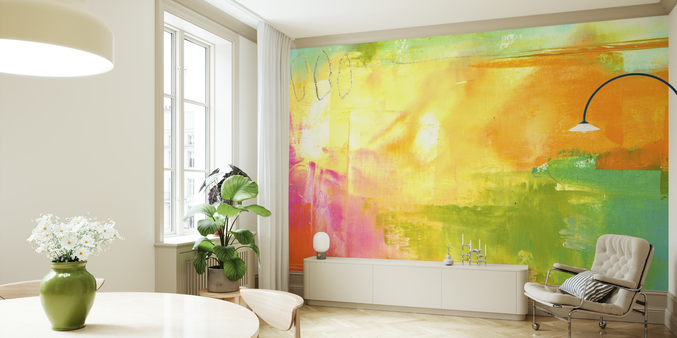 Abstract wallpaper featuring warm colors including yellow, green, and pink in a colorful, dynamic style